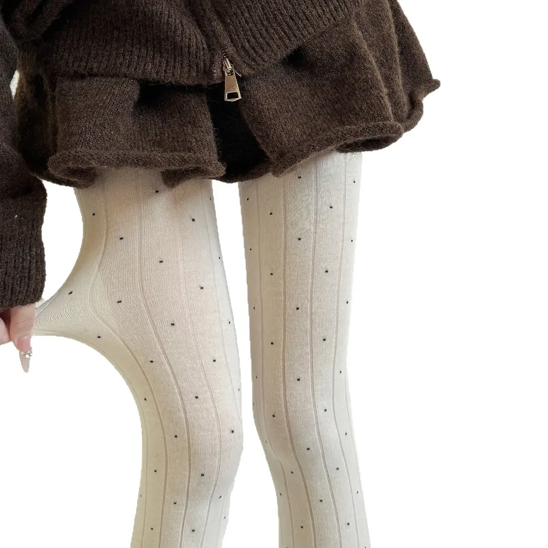 小众复古波点打底袜春秋微透深棕奶白连裤袜薄棉坑条带型打底裤