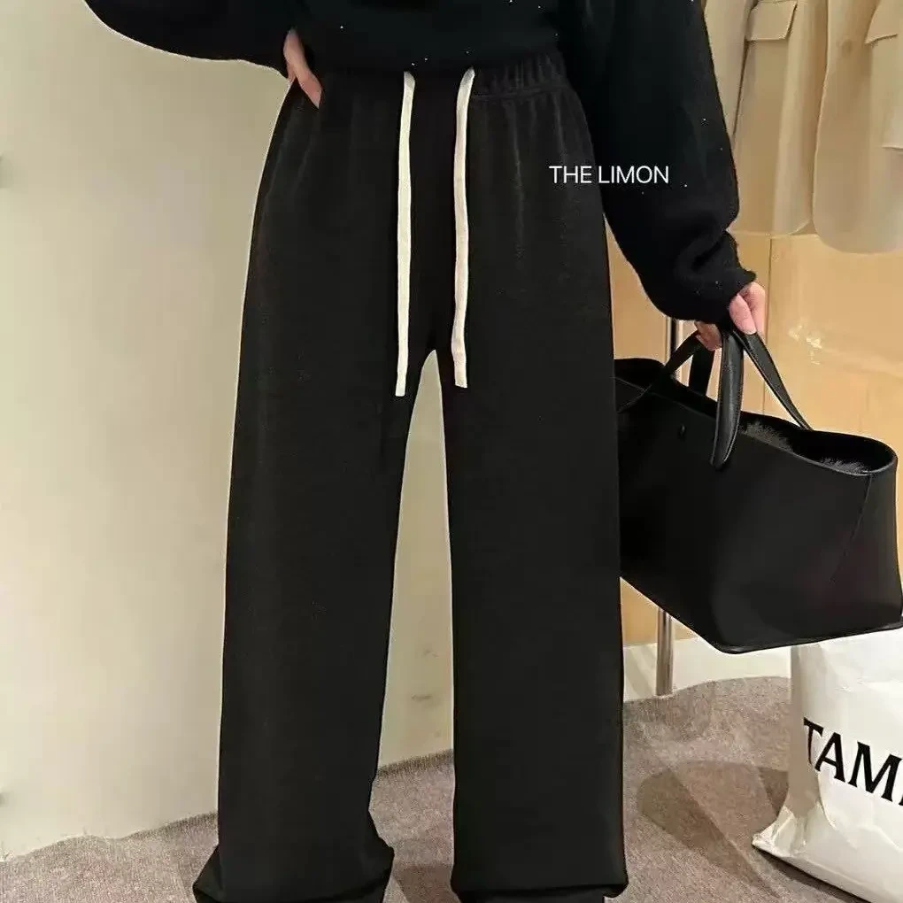 冬季加绒加厚保暖韩版慵懒风直筒显瘦窄版糯米休闲长裤