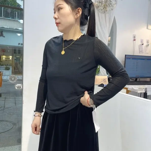 木耳边极简风长袖荷叶边T恤5558
