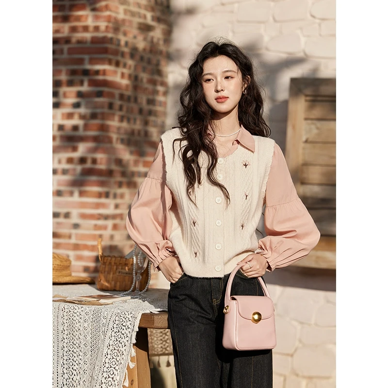 谜秀立体花朵针织马甲女2025早春新款女装复古叠穿毛衣小香风气质