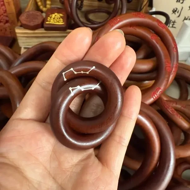 天然雷击枣木迷你乾坤圈小吊坠一体七星纯银丝镶嵌小挂件道家用品