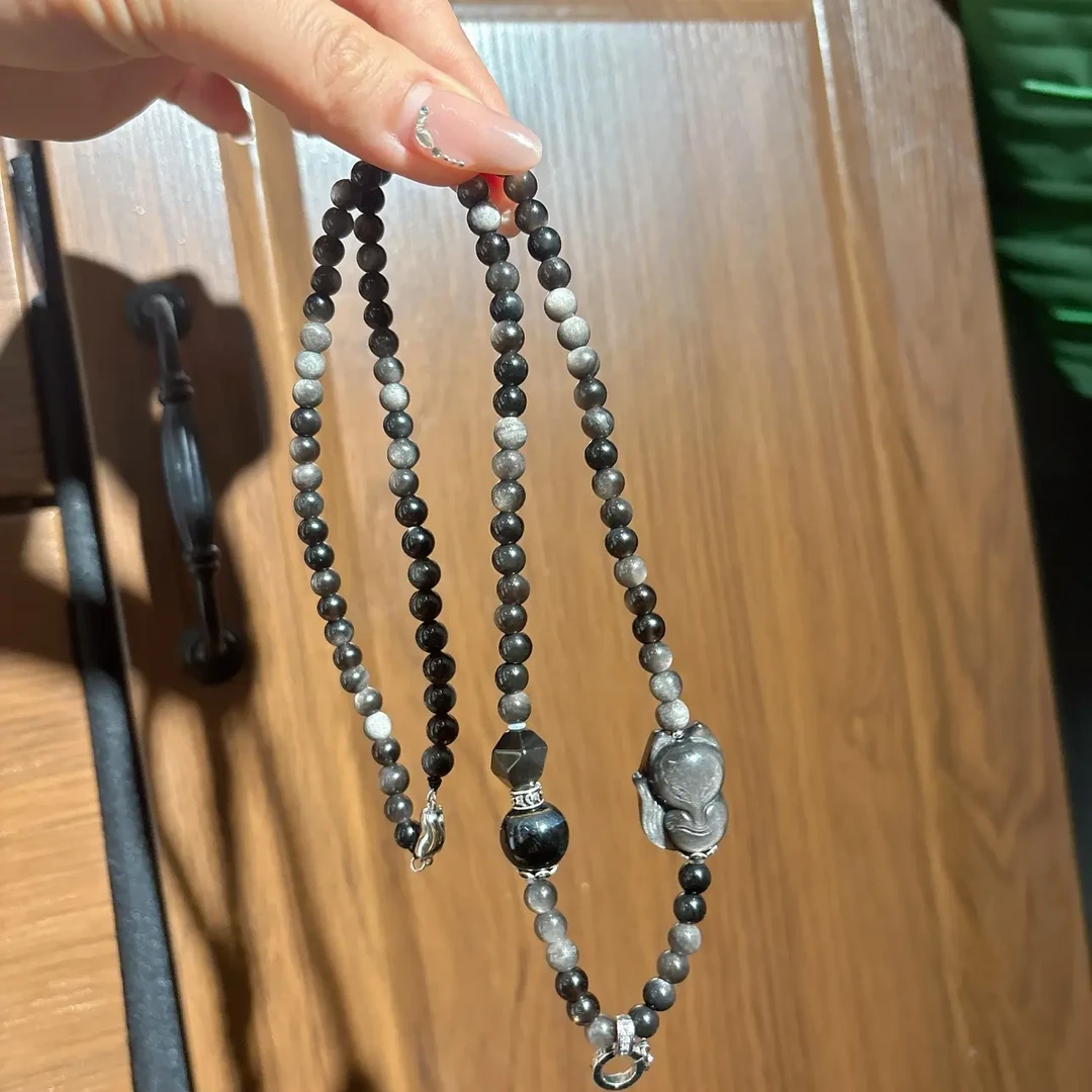 精美黑灰珠子项链镶佛像吊坠个性设计手机壳挂件时尚个性挂绳