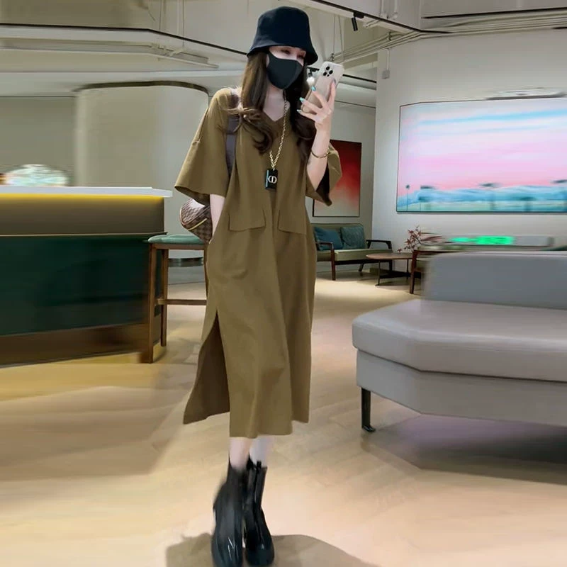 欧货新款宽松大版连衣裙女T恤裙夏季韩版时尚半袖显瘦休闲中长裙