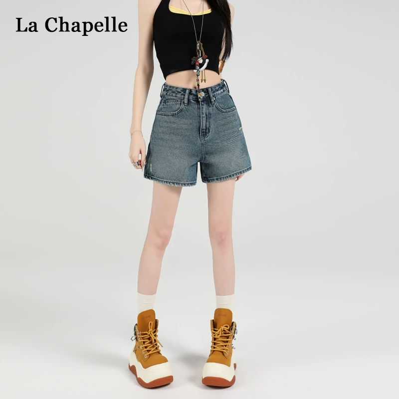拉夏贝尔复古辣妹牛仔短裤夏季新款2025年高腰直筒阔腿a字热裤子