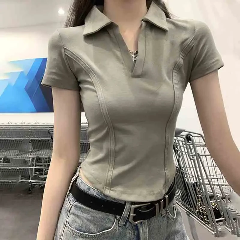 韩版气质修身正肩polo领打底短袖T恤女鱼骨设计感纯色纯欲风上衣