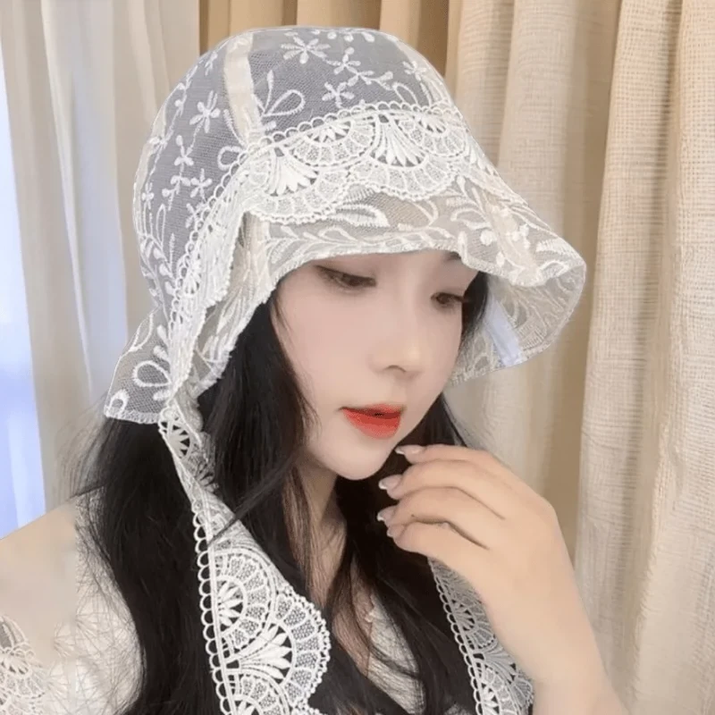 春夏蕾丝渔夫帽女薄款韩版百搭沙滩出游透气遮脸防晒拍照打卡盆帽