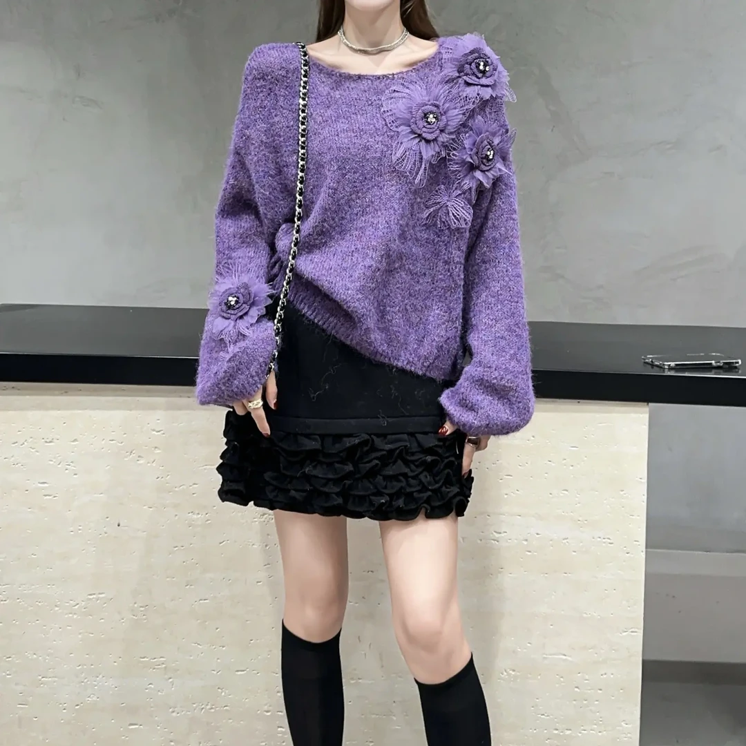 网红针织衫秋季提花纯色通勤毛针织衫韩版蕾丝女花朵