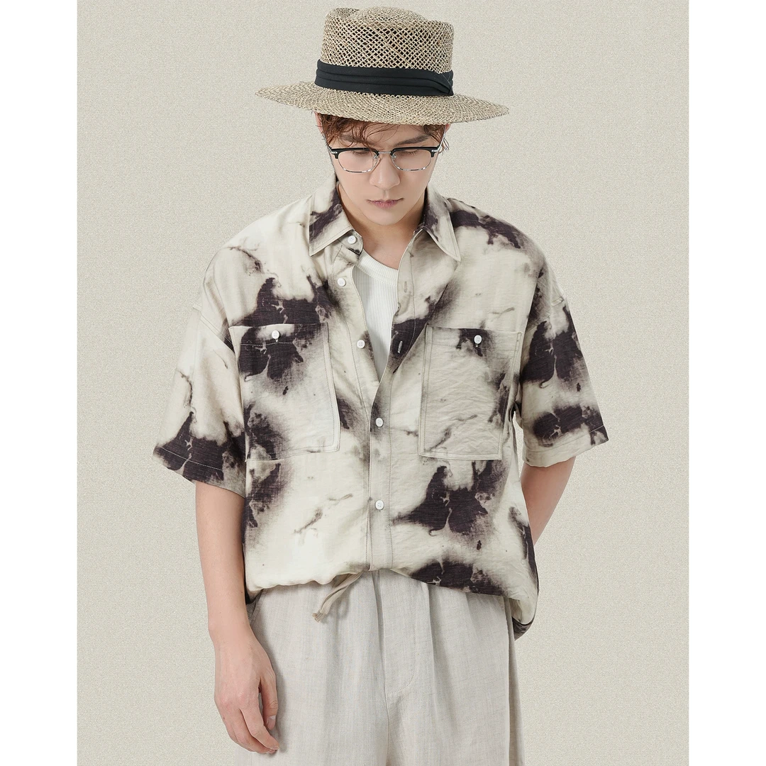 透气薄款复古扎染廓形短袖衬衫男夏季宽松休闲寸衫五分袖上衣外套