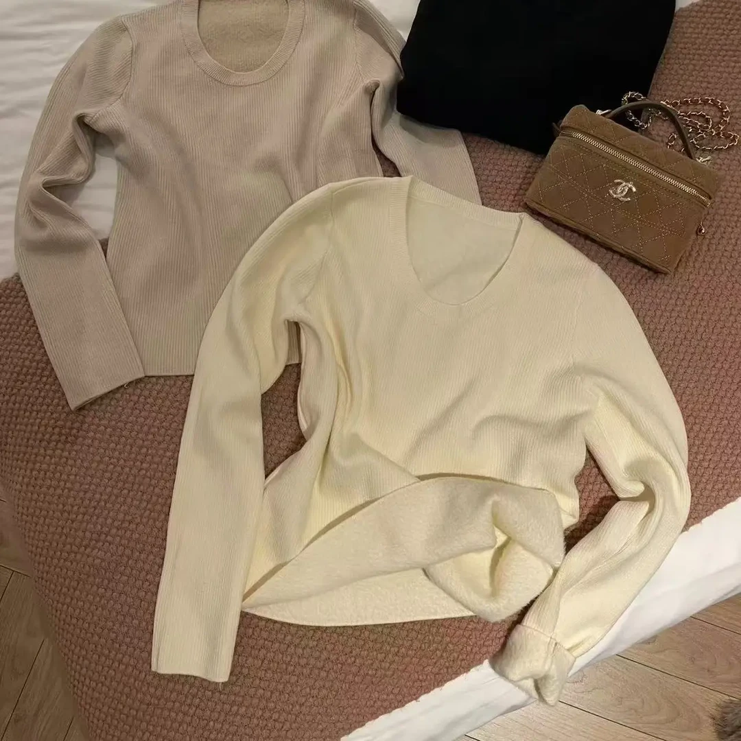 秋冬小众设计感圆领加绒加厚针织打底衫