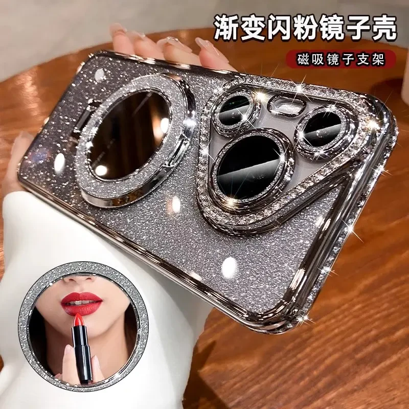 奢华水钻适用华为pura70手机壳全包防摔带镜头膜镜子磁吸支架透明