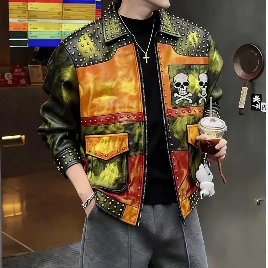 2510手绘秋季潮流机车风骷髅头撞色铆钉男士百搭皮衣外套