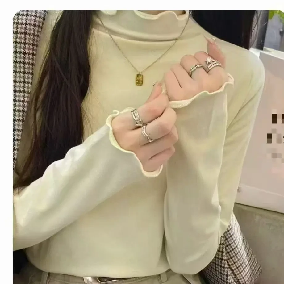 L41半高领拼接木耳边女耐磨长袖T恤网红打底衫保暖时尚