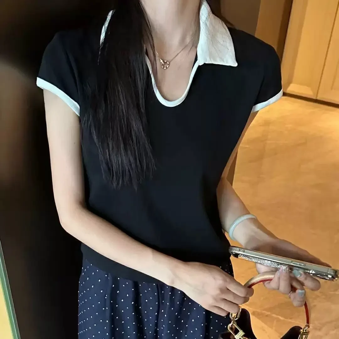 法式U领撞色翻领针织短袖上衣女夏季新款宽松显瘦时尚百搭T恤女