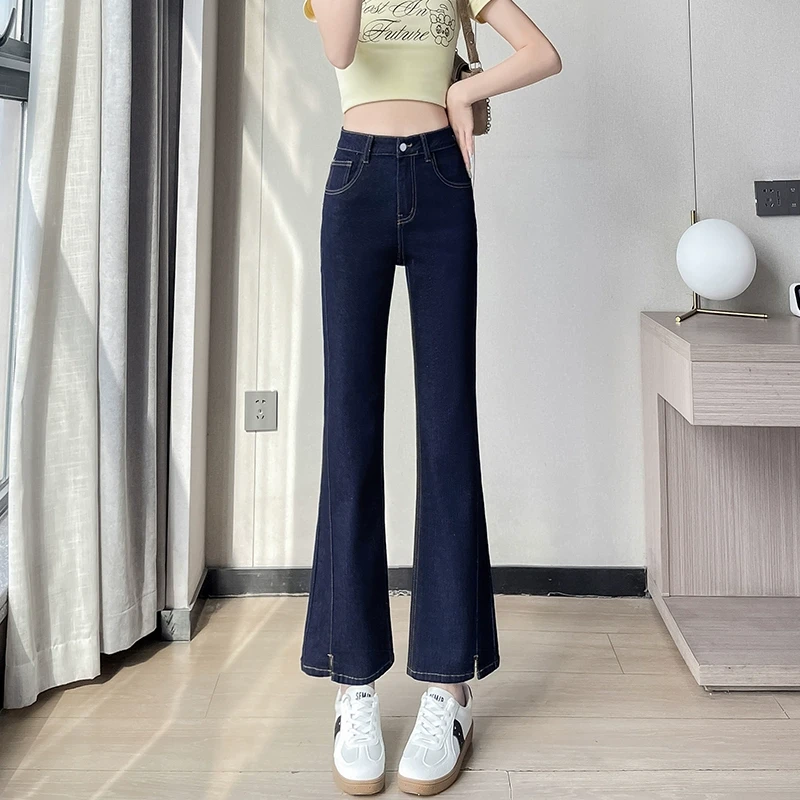 丹宁蓝小开叉微喇牛仔裤女装爆款2025年秋季新款小个子小喇叭裤子