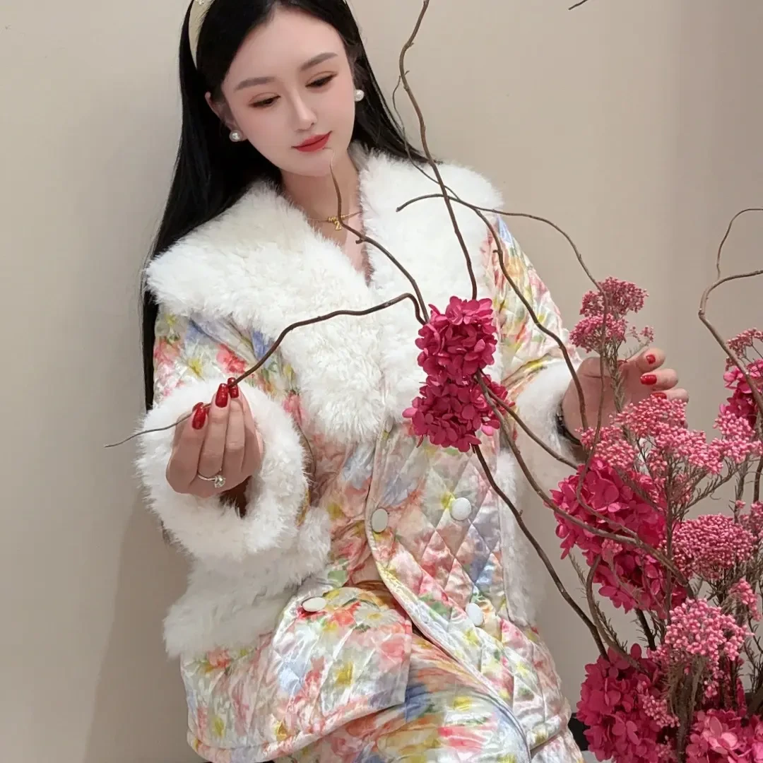 三层夹棉加厚丝绒大毛领保暖可外穿冬季轻奢女士家居服套装252345