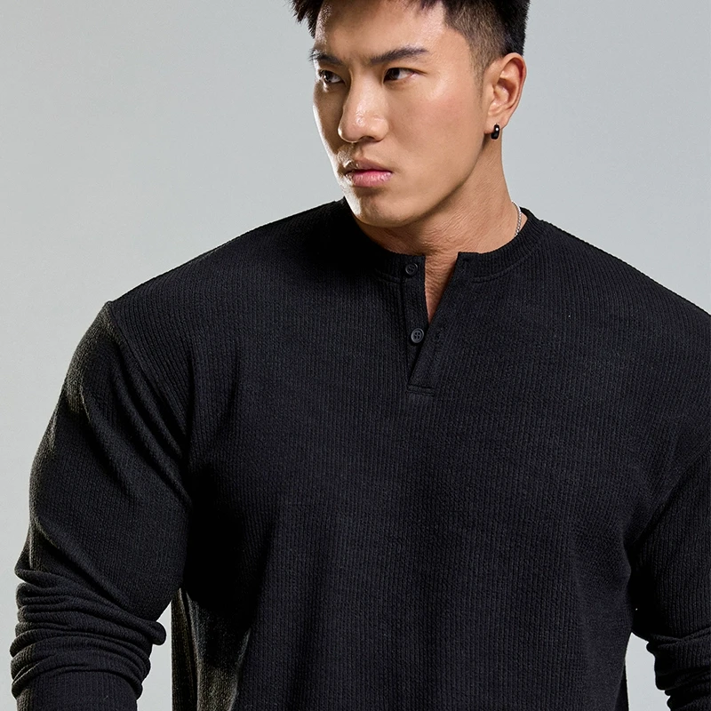 MUCLEDOG肌肉狗 运动长袖T恤男冬季小V领肌理感亨利衫训练健身服