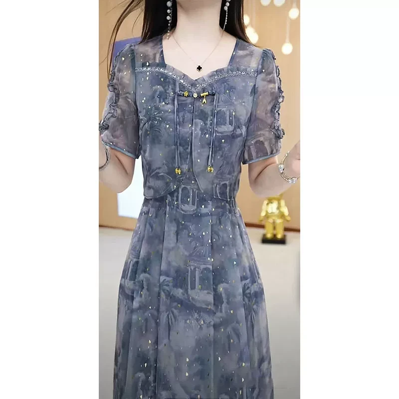 美瑞新中式印花连衣裙女2025新款夏季中长款拼接短袖假两件套裙子