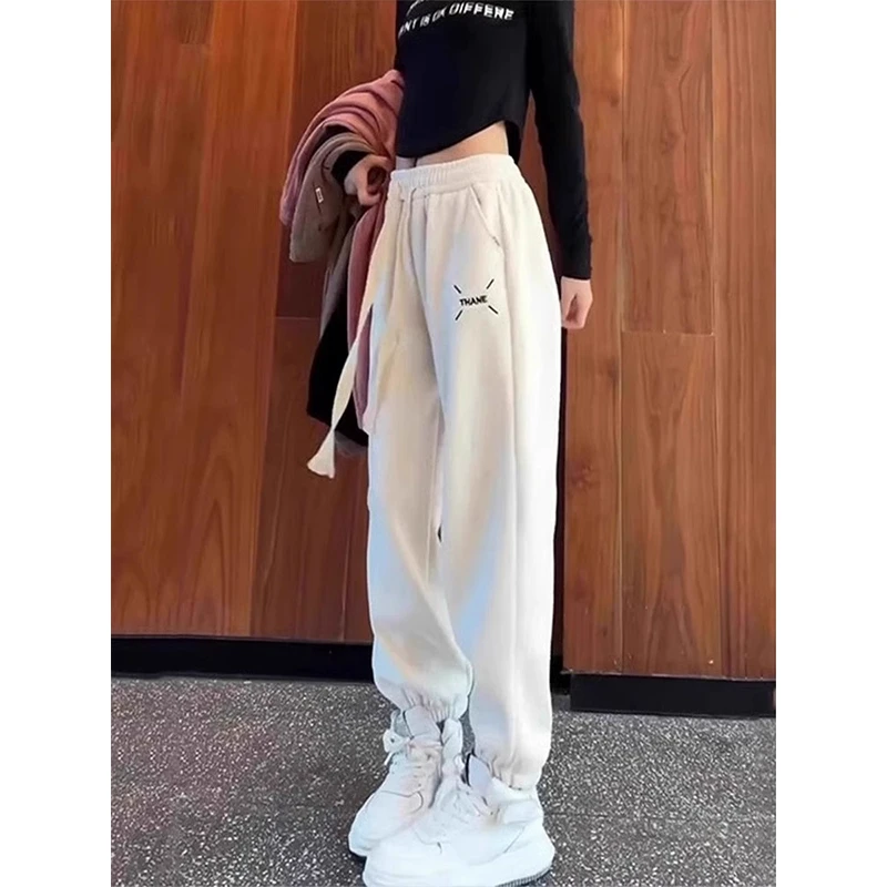 白色加绒加厚运动裤女2025春秋新款爆款高级感休闲裤高腰哈伦卫裤