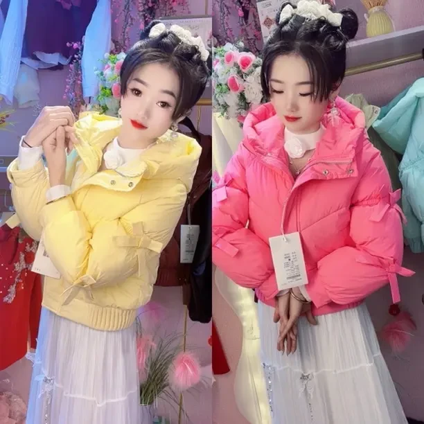 甜美蝴蝶结连帽羽绒女冬季小个子洋气糖果色休闲减龄外套