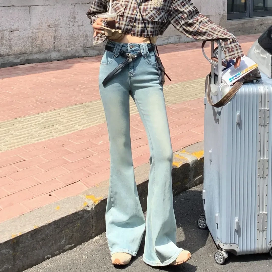 浅色辣妹微喇牛仔裤女2025春季新款高腰弹力修身显瘦气质喇叭长裤