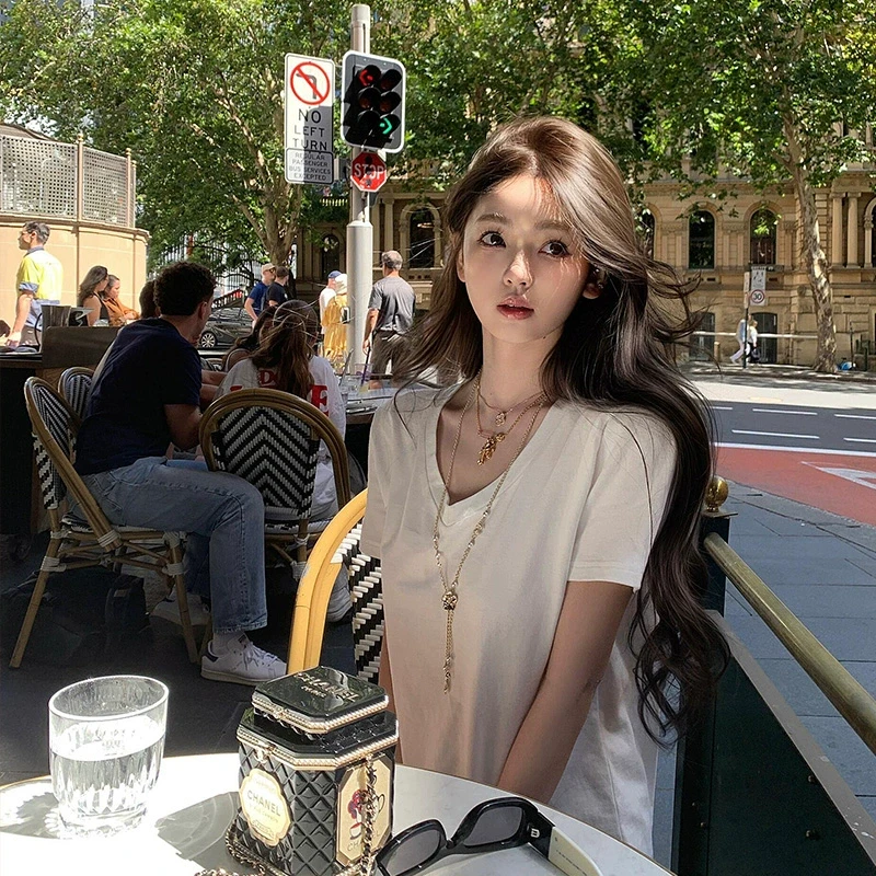 夏季新品纯欲白色V领内搭短袖女新款打底T恤辣妹慵懒上衣修身显瘦