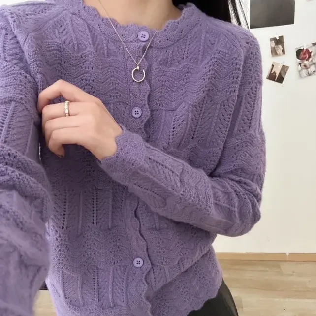 春季新款圆领百搭开衫毛针织衫学院风纯色外套镂空长袖毛衣上衣