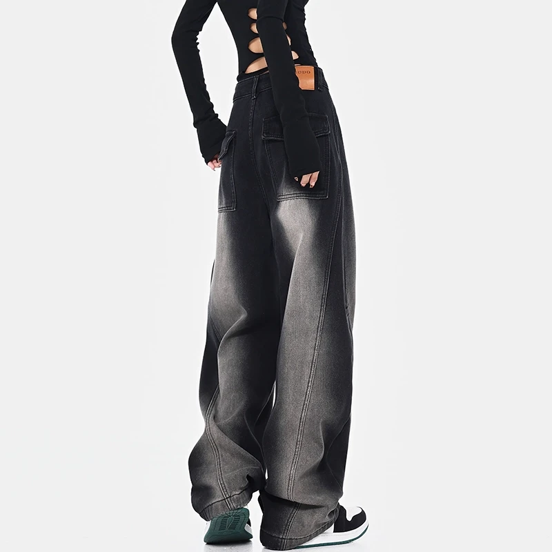 KEN STUDIO春季新款复古弯刀牛仔裤宽松显瘦洗水渐变女阔腿裤裤子