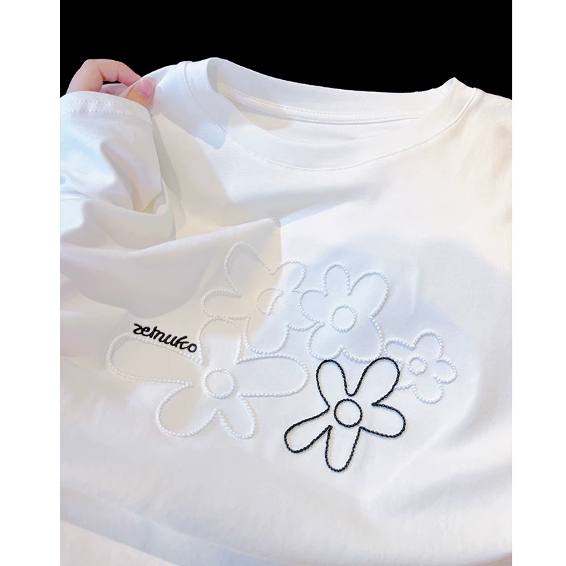 欧货重工刺绣花朵休闲正肩短袖t恤女夏季2025新款网红半袖ins上衣