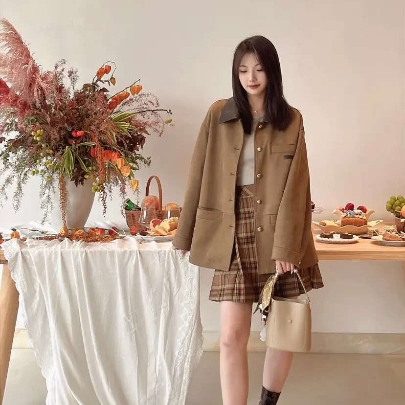 【丹丹】CC+2025秋季新款仿麂皮拼接翻领巴恩风美拉德外套2723