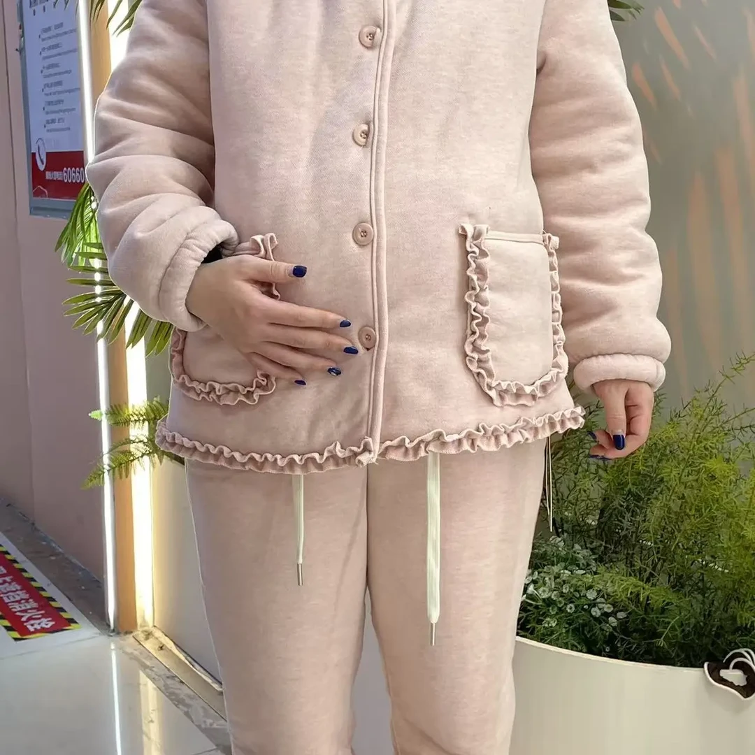 H60孕妇冬季加绒加厚花边直筒可外穿睡衣家居服