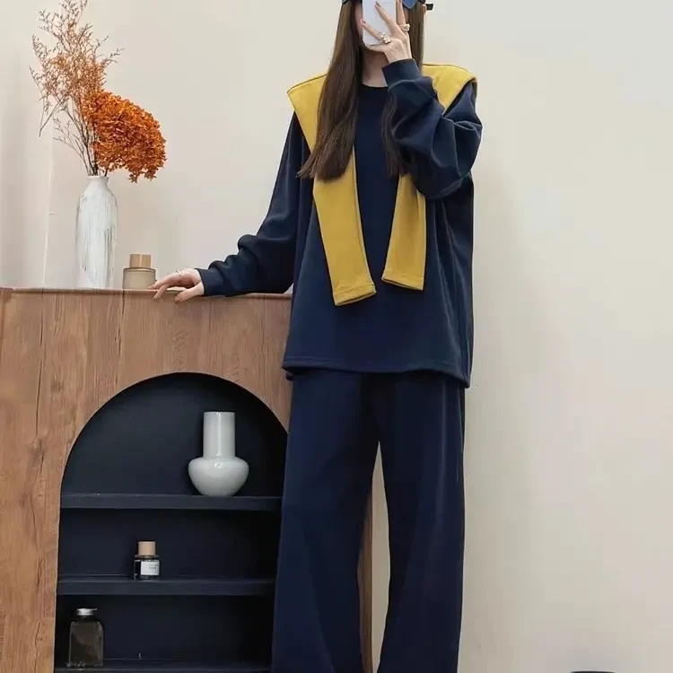 梦小小女装25秋季新款时尚百搭宽松显瘦针织披肩卫衣阔腿裤套装女