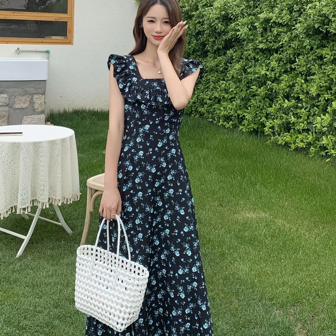 长裙夏季圆领无袖碎花连衣裙气质收腰韩版法式显瘦方领温柔风裙子