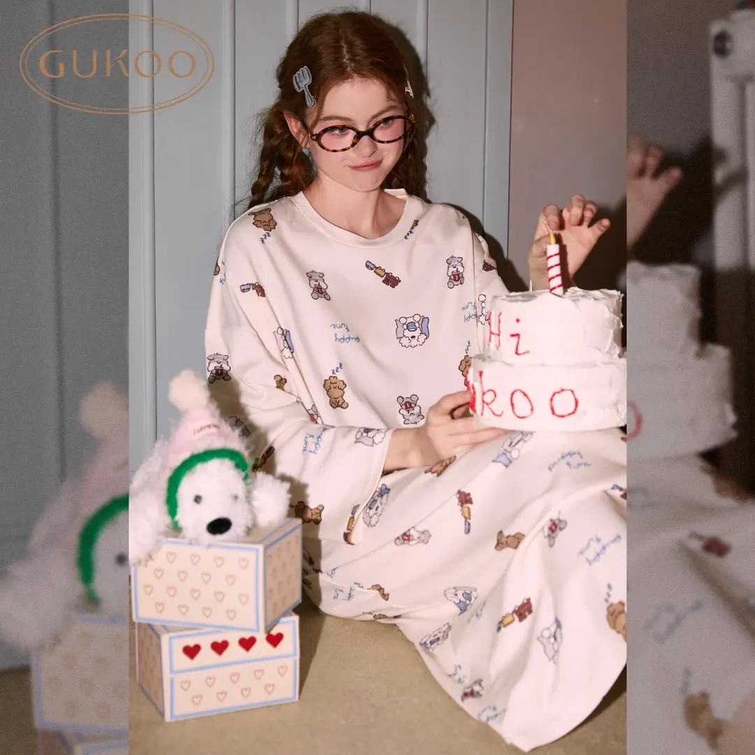 Gukoo/果壳miiiiichan系列春季新款长袖卡通睡裙纯棉印花睡衣