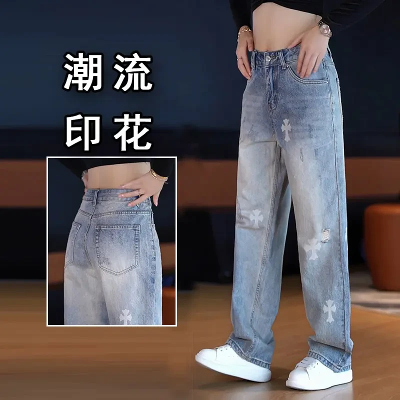 水洗牛仔裤男士潮牌时尚宽松直筒长裤韩版美式复古印花休闲阔腿裤