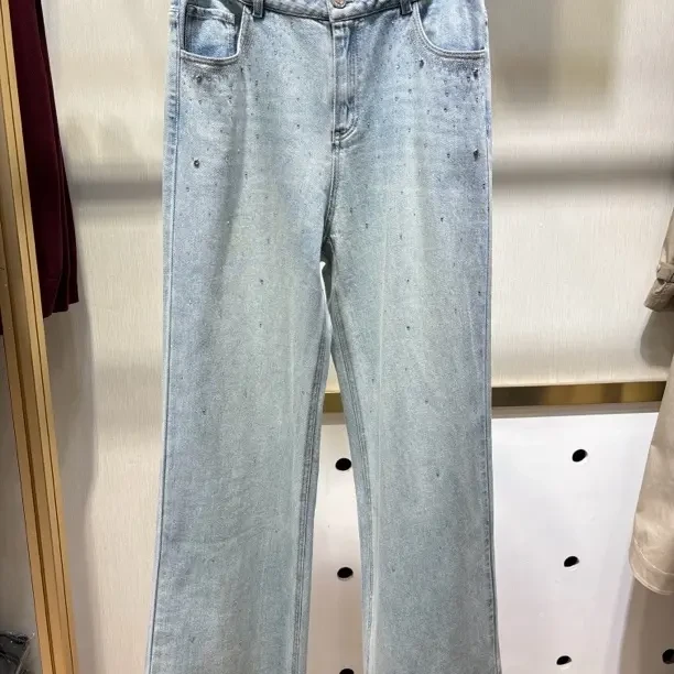 时尚高腰显瘦烫钻直筒牛仔长裤