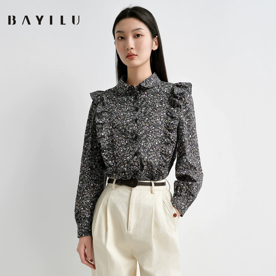 【丽姐】芭依璐2025春季碎花衬衫女法式荷叶边显瘦衬衣91C0026