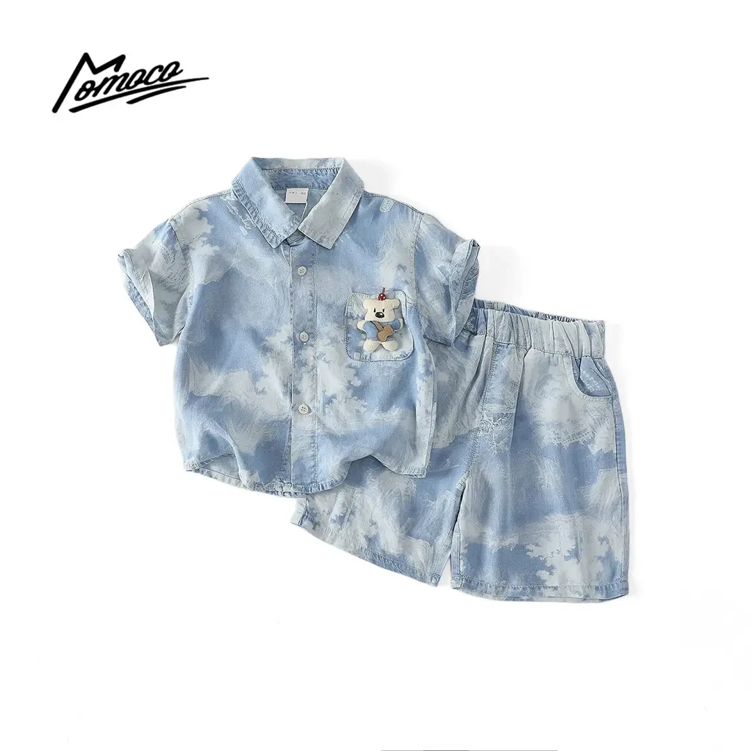 MOMOCO童装夏季新款男童时尚洋气气质牛仔短袖套装77230578211