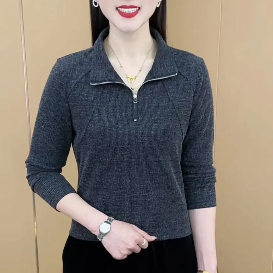 春季2025新款时尚半拉链纯色小衫设计感气质显瘦百搭长袖上衣洋气