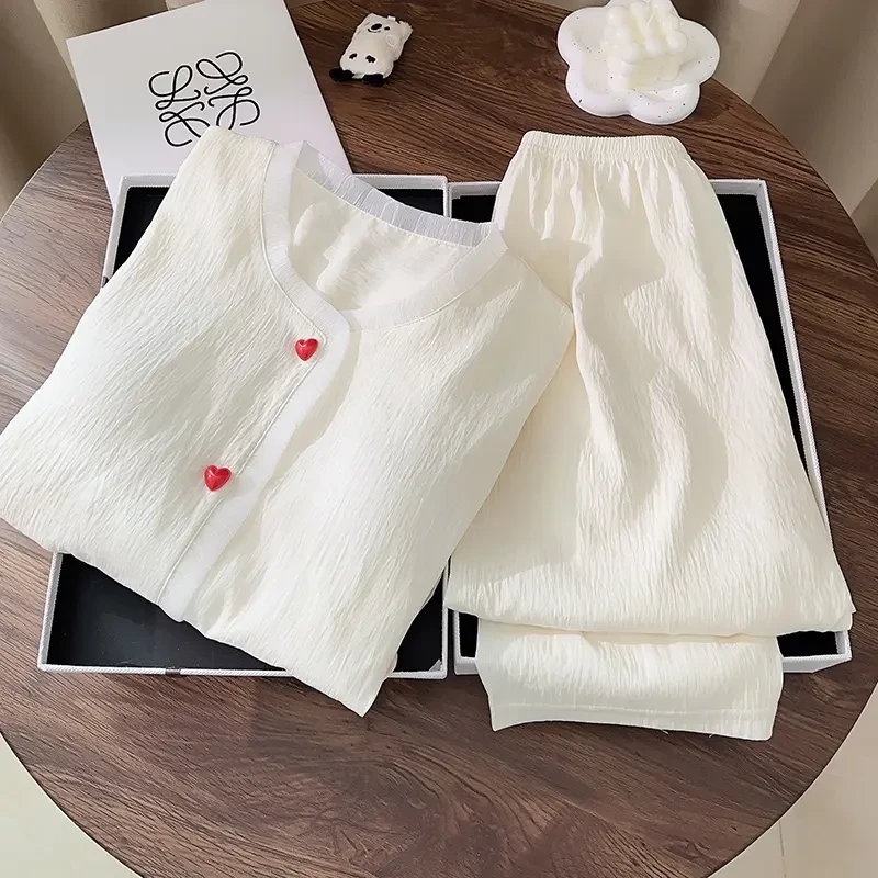 云朵棉高级感小香风睡衣女款春秋季带胸垫白色甜美宽松家居服套装