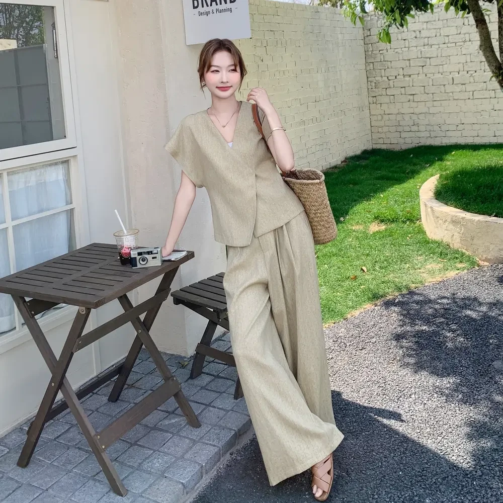 老钱风设计感短袖西装套装女夏季2025新款气质高级感阔腿裤两件套