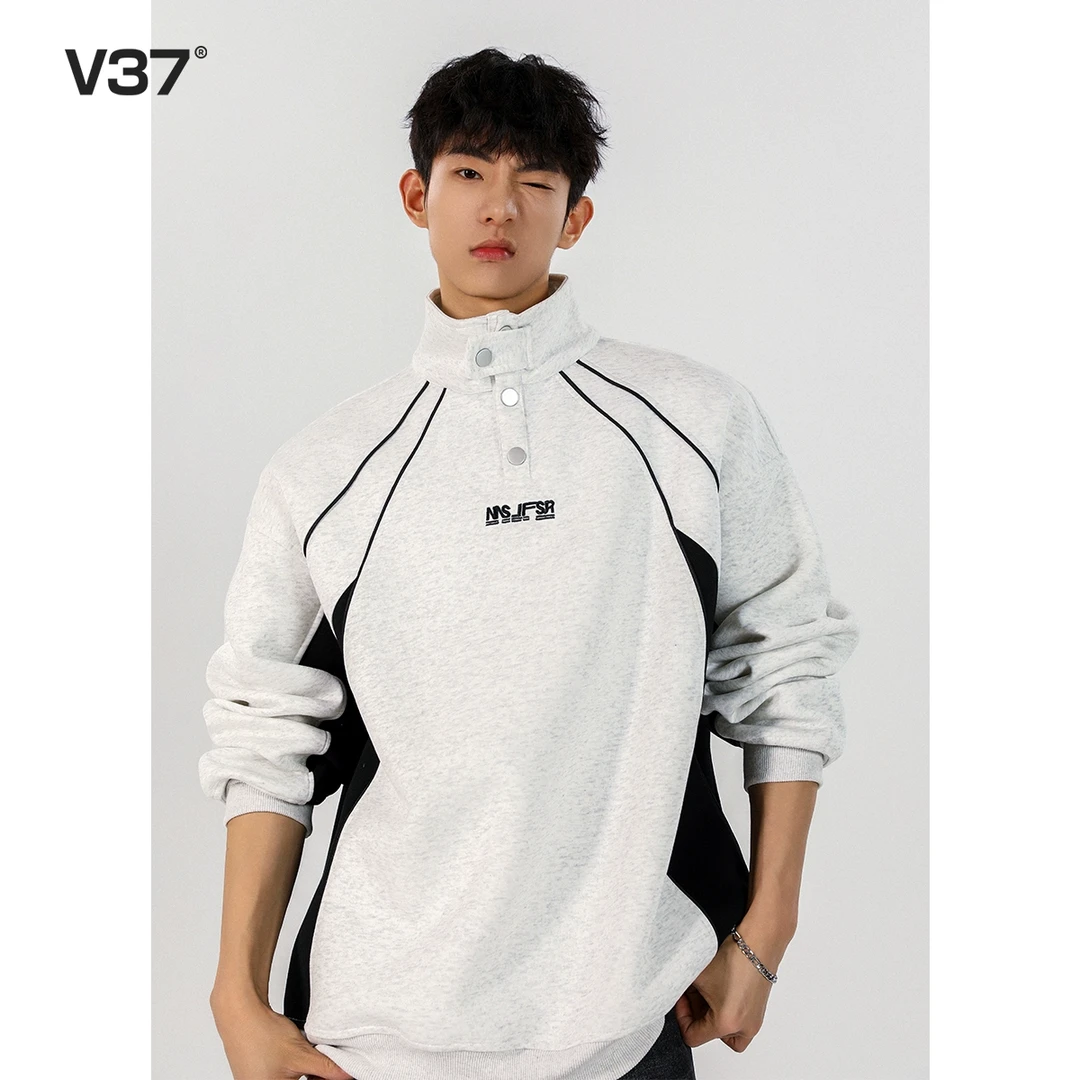 V37学院风撞色卫衣男款春季新款解构拼接设计感宽松休闲立领外套