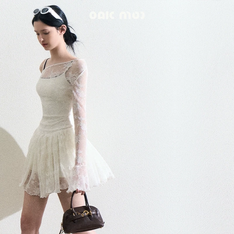 OAKMOO/"眼前是夏天"短款显瘦修身吊带长袖气质连衣裙白色蕾丝