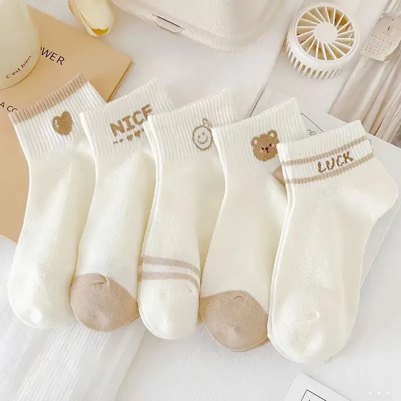 女款可爱小熊短袜春夏季薄款学生网眼透气防臭船袜日系短筒袜聚酯
