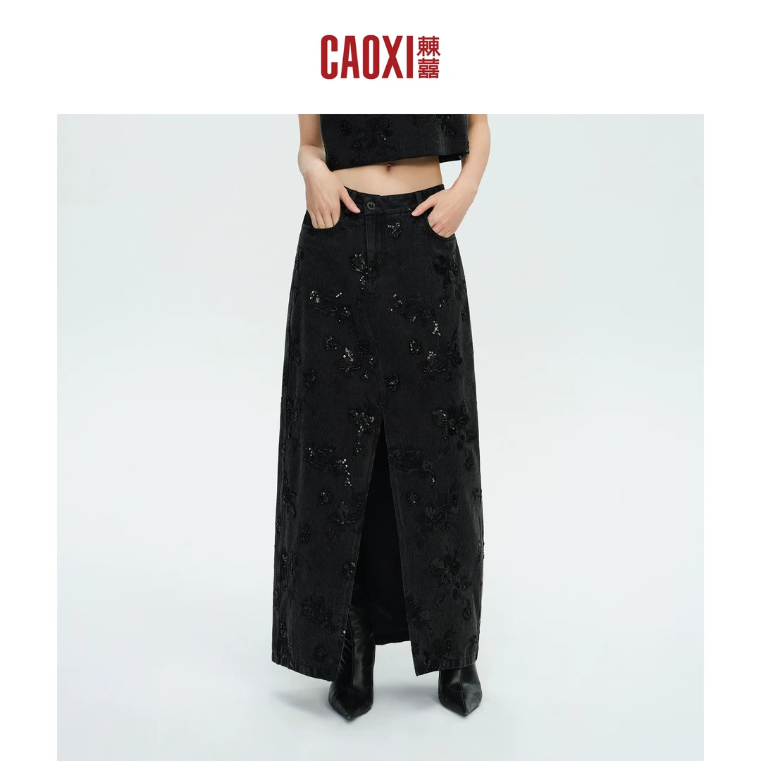 CAOXI㯥囍 提花蕾丝黑色半身裙前开叉刺绣春季新款高腰牛仔长裙