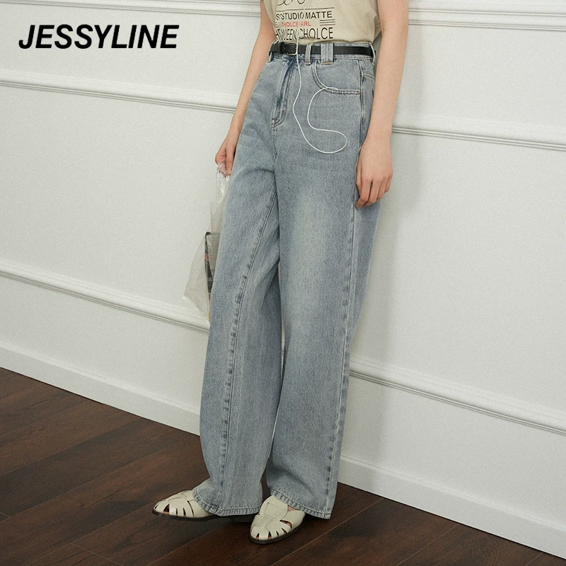 jessyline夏季新款 杰茜莱蓝色直筒牛仔长裤女 422110031