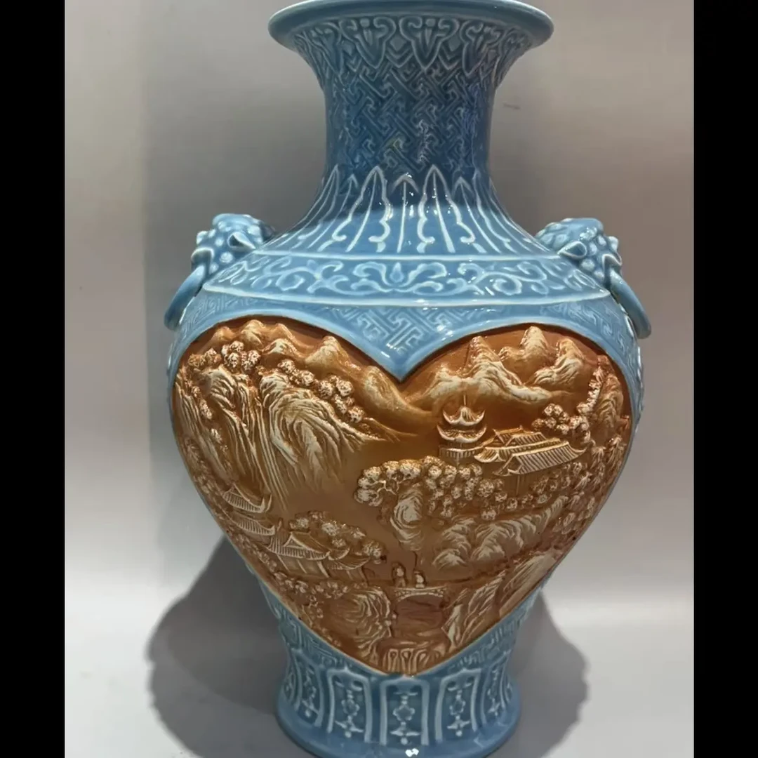 浮雕双色花瓶釉山水画新中式家居装饰品客厅办公室卧室茶机摆件