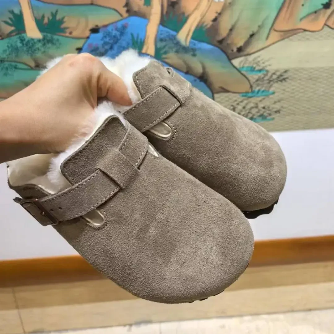 【加毛勃肯】半包加绒全牛皮 勃肯女鞋软木包头拖鞋舒适时尚冬季