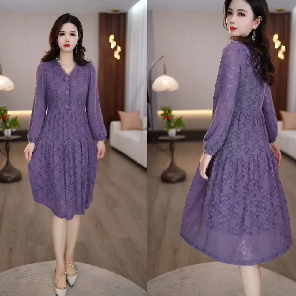 简约干练打底女士连衣裙2025秋款紫色领时尚气质洋气打底裙子