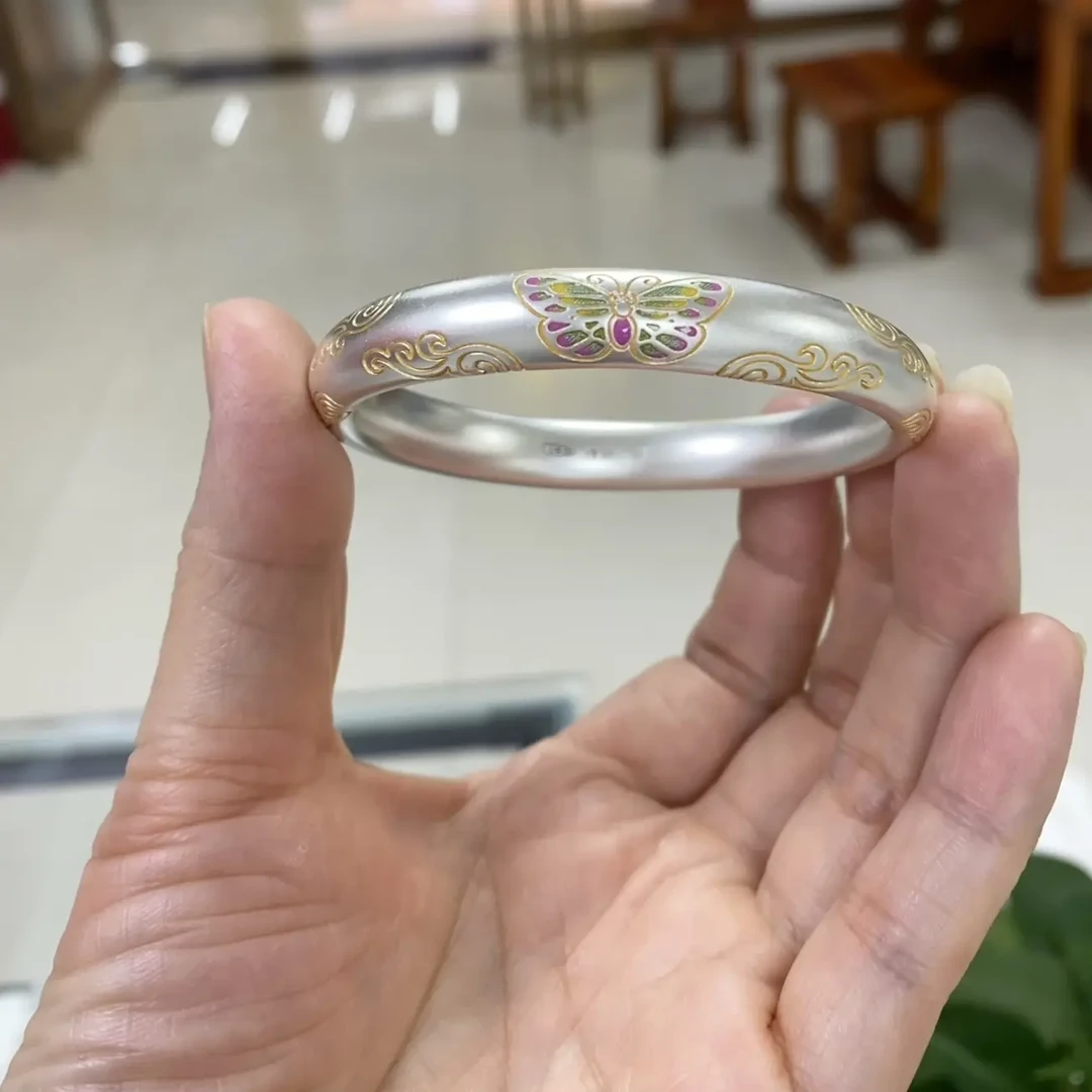 足银珐琅手镯 足银999.9描金珐琅彩蝴蝶手镯厚壁中空国风泥鳅背