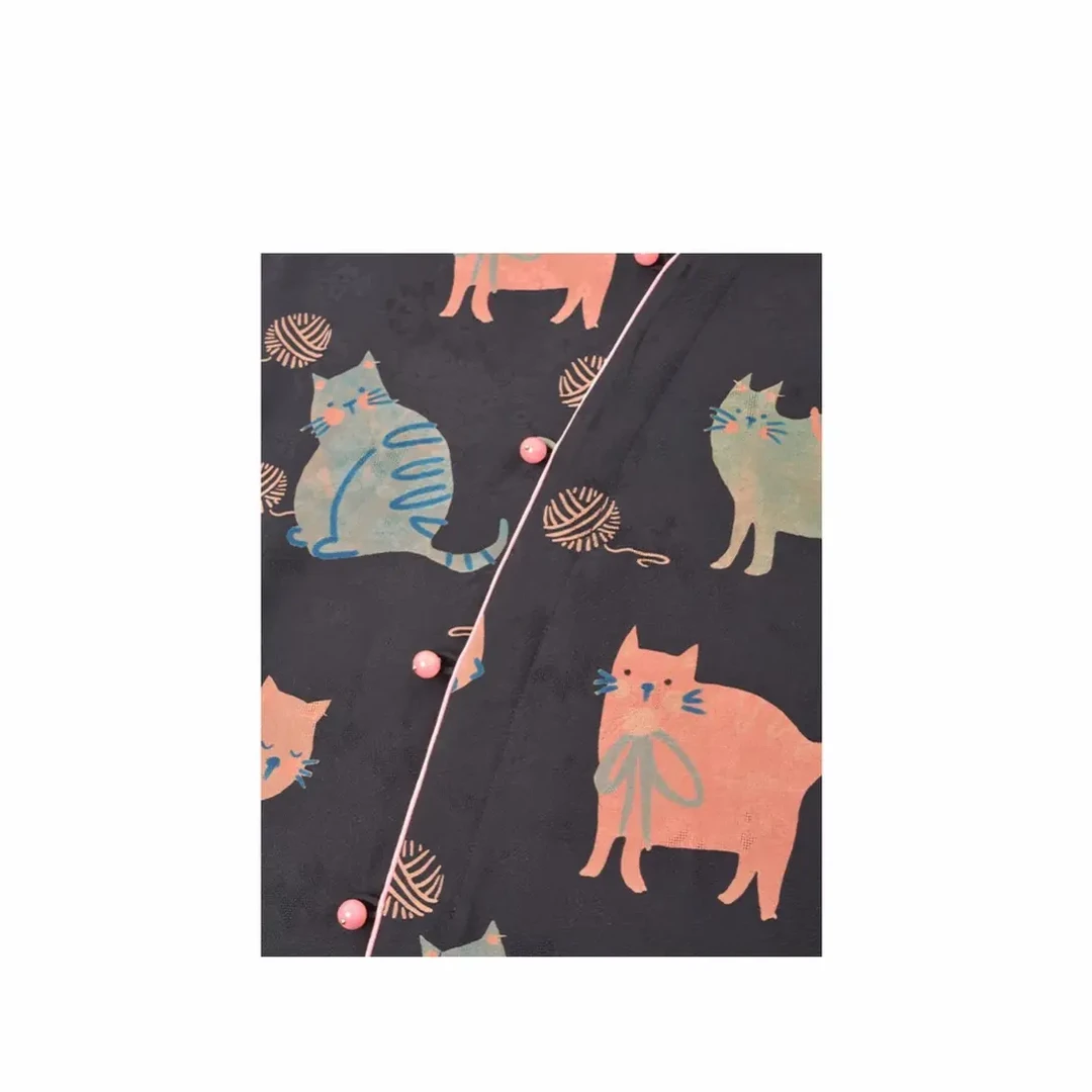 (100桑蚕丝小猫咪）香云纱中国风立领短袖上衣